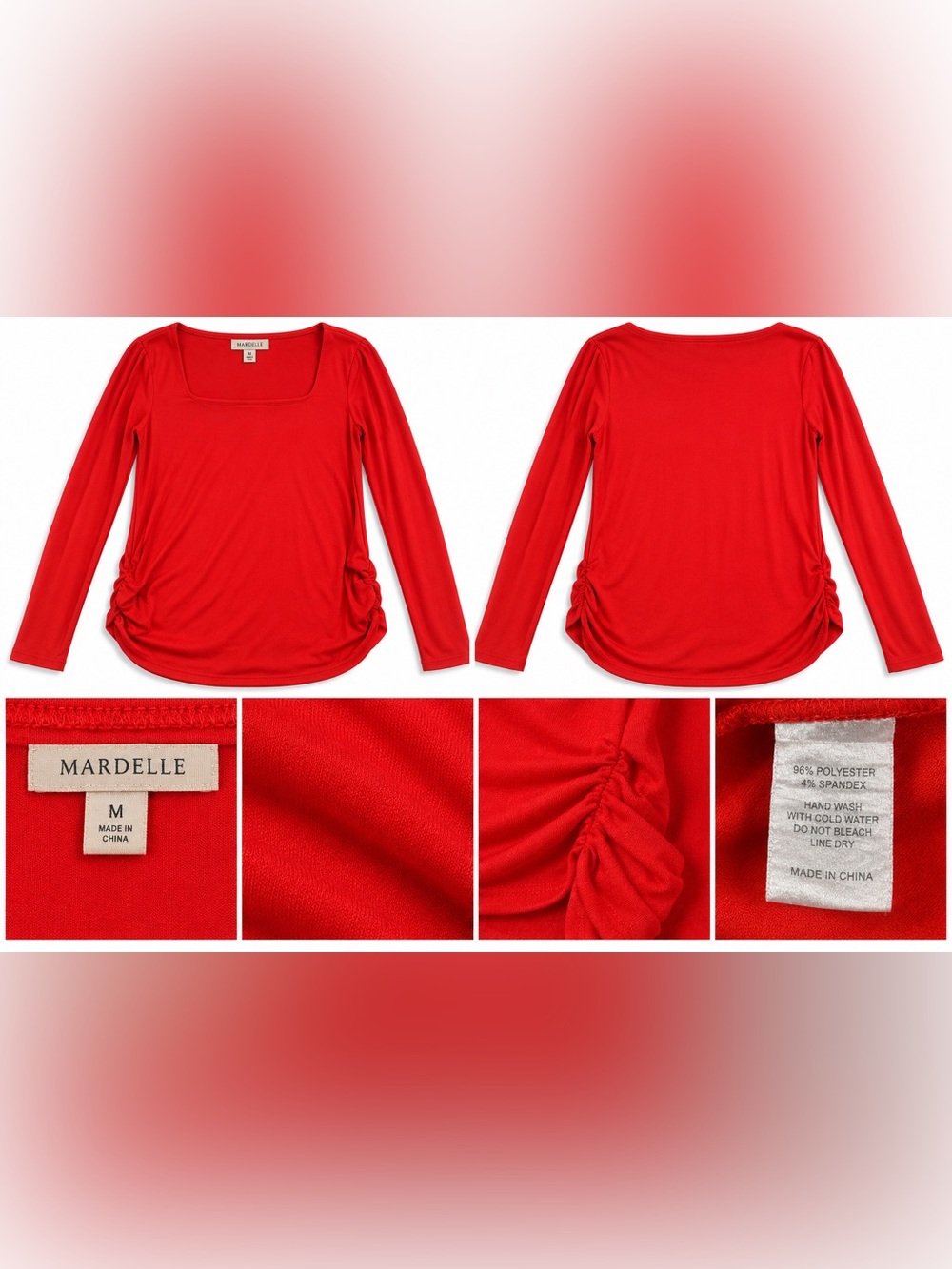 Mardelle Women M Red Ruched Side Long Sleeve Square Neck Stretch Top